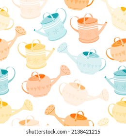 Patrón sin foco con una tierna lata de agua multicolor. Fondo repetitivo con herramientas de jardín. Concepto de jardinería casera. Ilustración vectorial dibujada a mano en estilo de caricatura