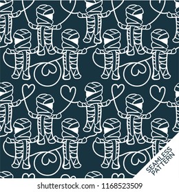 Seamless pattern of cute mummy outlines on dark background. perfect for fabric,textile, gift wrapping paper design and many more in Halloween concept.