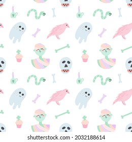 Motif harmonieux de jolies momies, d'illustrations de doodles d'Halloween scull et fantôme. Couleurs pastel sur fond blanc. Pour les impressions, arrière-plans, papier d'emballage, textile, lin, fond d'écran, etc. 