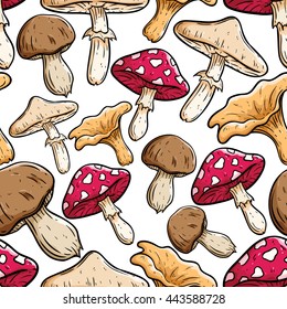 Seamless pattern of cute mushroom with color on white background