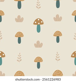 Seamless pattern with cute mushroom and grass on light brown background for your fabric, wallpaper, backdrop, textile. Vector illustration