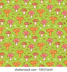 Seamless pattern with cute mushrooms characters. Background design, print and textile