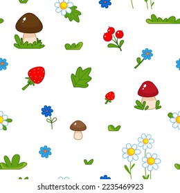 Seamless pattern with cute mushrooms, daisies and strawberries on a white background. Delicate decoration for children's packaging. Vector illustration in a minimalistic flat style, hand drawn.