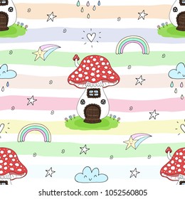 Seamless pattern with cute mushrooms. Mushrooms as a house