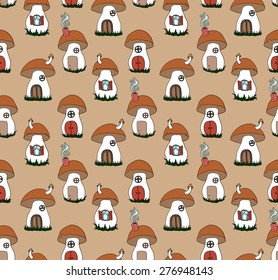 Seamless pattern with cute mushrooms. Mushrooms as a house