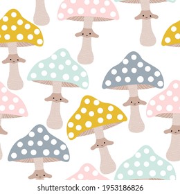 Seamless pattern with cute mushrooms. Kids print. Vector hand drawn illustration.