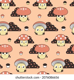 Seamless pattern with cute mushrooms in pink colors. Childish print with characters of mushrooms, bushes, leaves and small fungi on a pink field. Design for kids. Vector.