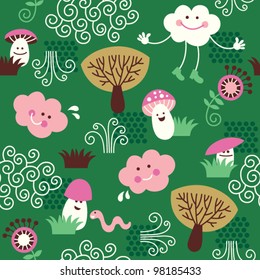 seamless pattern with cute mushrooms, trees and little clouds