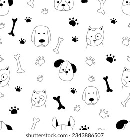 Seamless pattern with cute muzzles of dogs and cats of different breeds, black and white seamless graphic vector illustration. Bones, watch your paws. Great for fabric, textile vector illustration