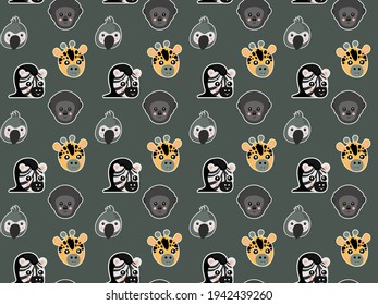 Seamless pattern of cute muzzles of giraffes, zebras, western gorillas, parrots with white outlines like stickers a dark gray background. Vector.