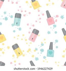 Seamless pattern with cute nail polishes. Pink, blue and yellow nail polishes. Vector illustration.
