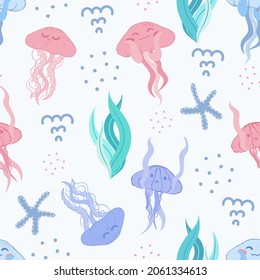 Seamless pattern with cute narwhals, stars, leaves, dots, starfish, waves, jellyfish. Vector illustration for wrapping paper, fabric, textile. For kids