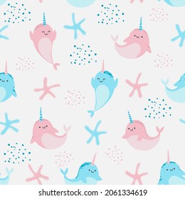 Seamless pattern with cute narwhals, stars, leaves, dots, starfish, waves, jellyfish. Vector illustration for wrapping paper, fabric, textile. For kids