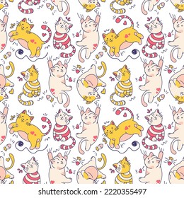 Seamless pattern with cute naughty kittens. Funny cartoon wallpaper with cats. Background with animal characters.