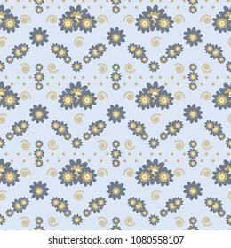 Seamless pattern the cute navy flowers with dots on the light blue background.Can be used to create paper for wrapping gifts, wallpaper, fabrics, home textiles and background for website. Vector