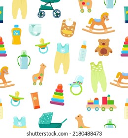 Seamless pattern with cute newborn care products, bottle, pacifier, clothes, toys, stroller, diaper. Vector illustration.
