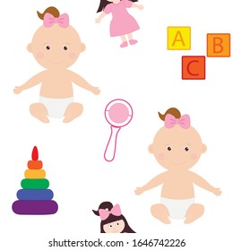 
Seamless pattern Cute newborn kids girl vector drawing