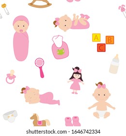 
Seamless pattern Cute newborn kids girl vector drawing