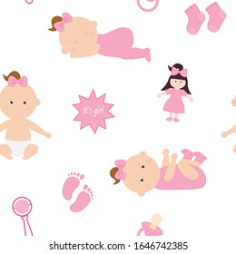 
Seamless pattern Cute newborn kids girl vector drawing