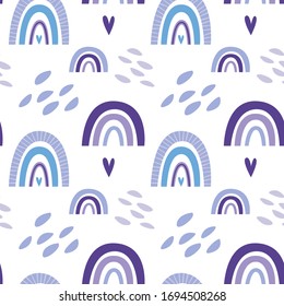 Seamless pattern with cute nursery rainbows, shapes, scandinavian fun print. Purple colours. Creative kids texture for poster, fabric, wrapping, textile, wallpaper, apparel. Vector flat illustration