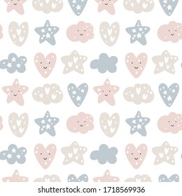 Seamless pattern of cute Nursery Vector Wall Art Set. Funny Smiling Stars, Lovely Hearts and Fluffy Clouds Isolated on a White Background. Baby Shower Vector Illustration.