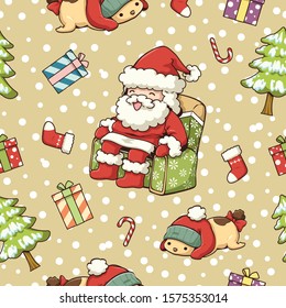 Seamless pattern of cute object Christmas theme, Santa Claus, The dog is wearing a red hat, Gift box, Christmas tree, Red socks, candy, Snow pattern and yellow background, gift wrap pattern and wallpaper