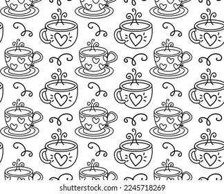 Seamless pattern cute objects and elements for Valentine's Day. Sweets for lovers, tea drinking. Doodle, coloring page