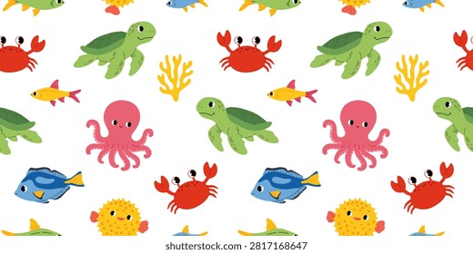 Seamless pattern with cute ocean animals. Turtle, octopus, crab, puffer fish and blue surgeonfish sea creatures. Flat illustration for children's design.

