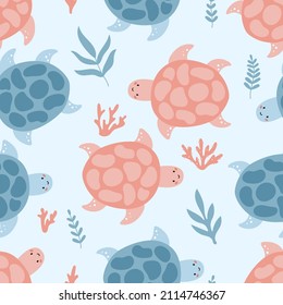 Seamless pattern with cute ocean turtles. Hand drawn sea plants, seaweeds and corals. Vector illustration.