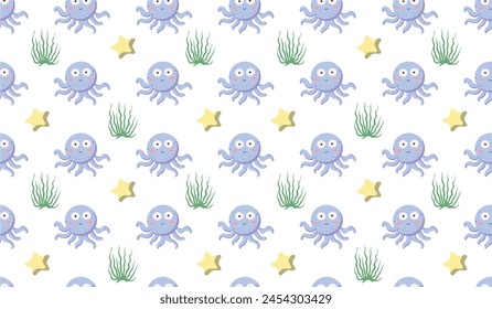 Seamless pattern with cute octopus, algae and a star on a white background