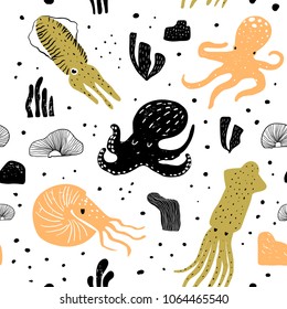 Seamless Pattern with Cute Octopus. Childish Underwater Creatures Background for Fabric Textile, Wallpaper, Wrapping Paper. Vector illustration