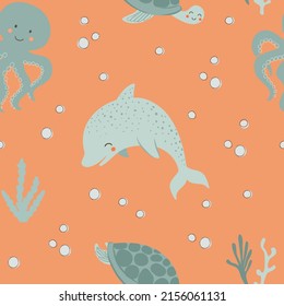 Seamless pattern with cute octopus and dolphin on coral background. Sea digital background with vector hand drawn elements. Seamless pattern for kids fabric, textile and scrapbook paper.