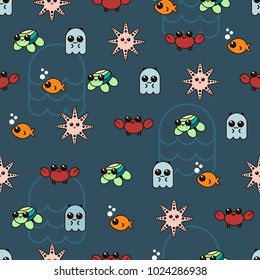 Seamless pattern with cute octopus, fish, crab, starfish and turtle. Fabric prints background.