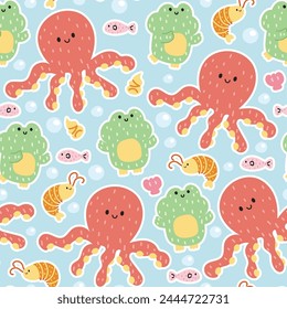 Seamless pattern of cute octopus frog shirmp and fish background.Soft hair style.Sea life and reptile animal cartoon character design.Summer.Beach.Marine.Kawaii.Vector.Illustration.