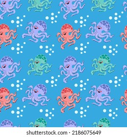 Seamless pattern with cute octopus. Hand drawn illustration in scandinavian style for children.