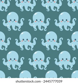 Seamless pattern of cute octopus on blue background. Marine life animals. Template for print, baby shower, wallpaper, greeting cards and invitation. Vector illustration