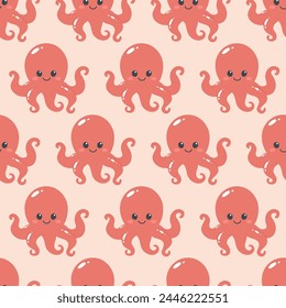 Seamless pattern of cute octopus on pink background. Marine life animals. Template for print, baby shower, wallpaper, greeting cards and invitation. Vector illustration