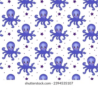 Seamless pattern Cute Octopus  sea animals. Marine life objects vector cartoon doodle 3d illustration.