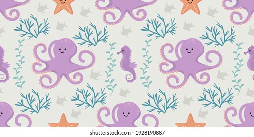 Seamless pattern with cute octopus, seahorse and starfish. Vector illustration in simple hand drawn style and pastel colors