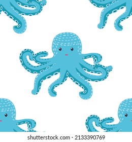 Seamless pattern with cute octopus, seaweed and pearl. Childish seamless pattern with cute hand drawn. Trendy nursery background