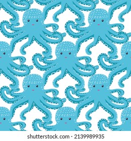 Seamless pattern with cute octopus, seaweed and pearl. Childish seamless pattern with cute hand drawn. Trendy nursery background