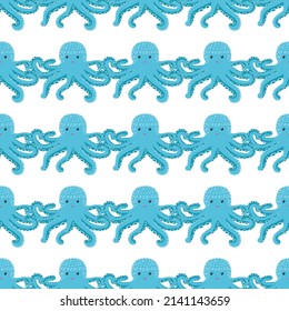 Seamless pattern with cute octopus, seaweed and pearl. Childish seamless pattern with cute hand drawn. Trendy nursery background