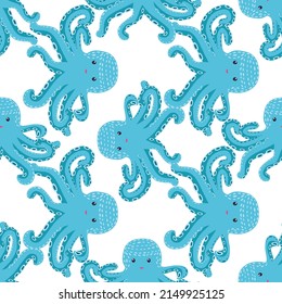 Seamless pattern with cute octopus, seaweed and pearl. Childish seamless pattern with cute hand drawn. Trendy nursery background