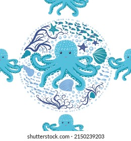 Seamless pattern with cute octopus, seaweed and pearl. Childish seamless pattern with cute hand drawn. Trendy nursery background