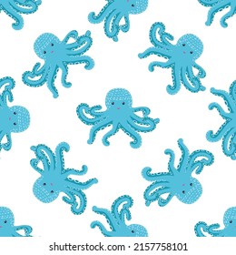 Nahtloses Muster mit süßem Tintenfisch, Algen und Perlen. Kindernahtloses Muster mit süßer, handgezeichnet. Trendy-Kinderhintergrund