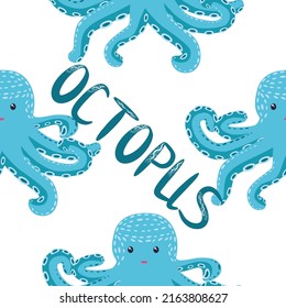 Seamless pattern with cute octopus, seaweed and pearl. Childish seamless pattern with cute hand drawn. Trendy nursery background