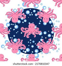 Patrón sin foco con pulpo lindo, algas y perlas. Patrón infantil sin costuras con mano tierna. Fondo infantil de moda