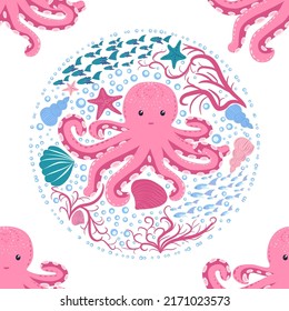 Seamless pattern with cute octopus, seaweed and pearl. Childish seamless pattern with cute hand drawn. Trendy nursery background