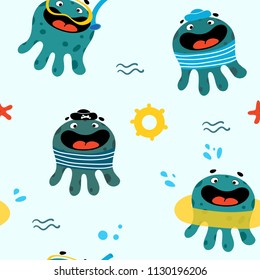 Seamless pattern with cute octopus set. Cartoon pouples: in a pirate suit, with diving mask, in a sailor's costume and with lifebuoy. Childish vector texture for baby textille and kids wear
