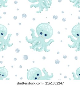 Seamless pattern with cute octopuses .Cartoon vector graphics.